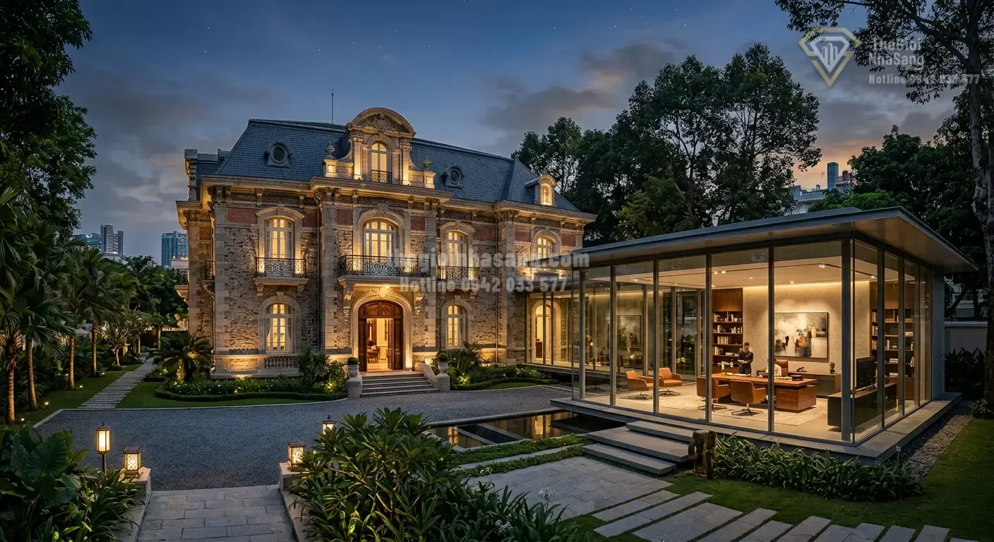 Phối cảnh kiến trúc hiện đại của một văn phòng hạng sang tích hợp trong dinh thự di sản.