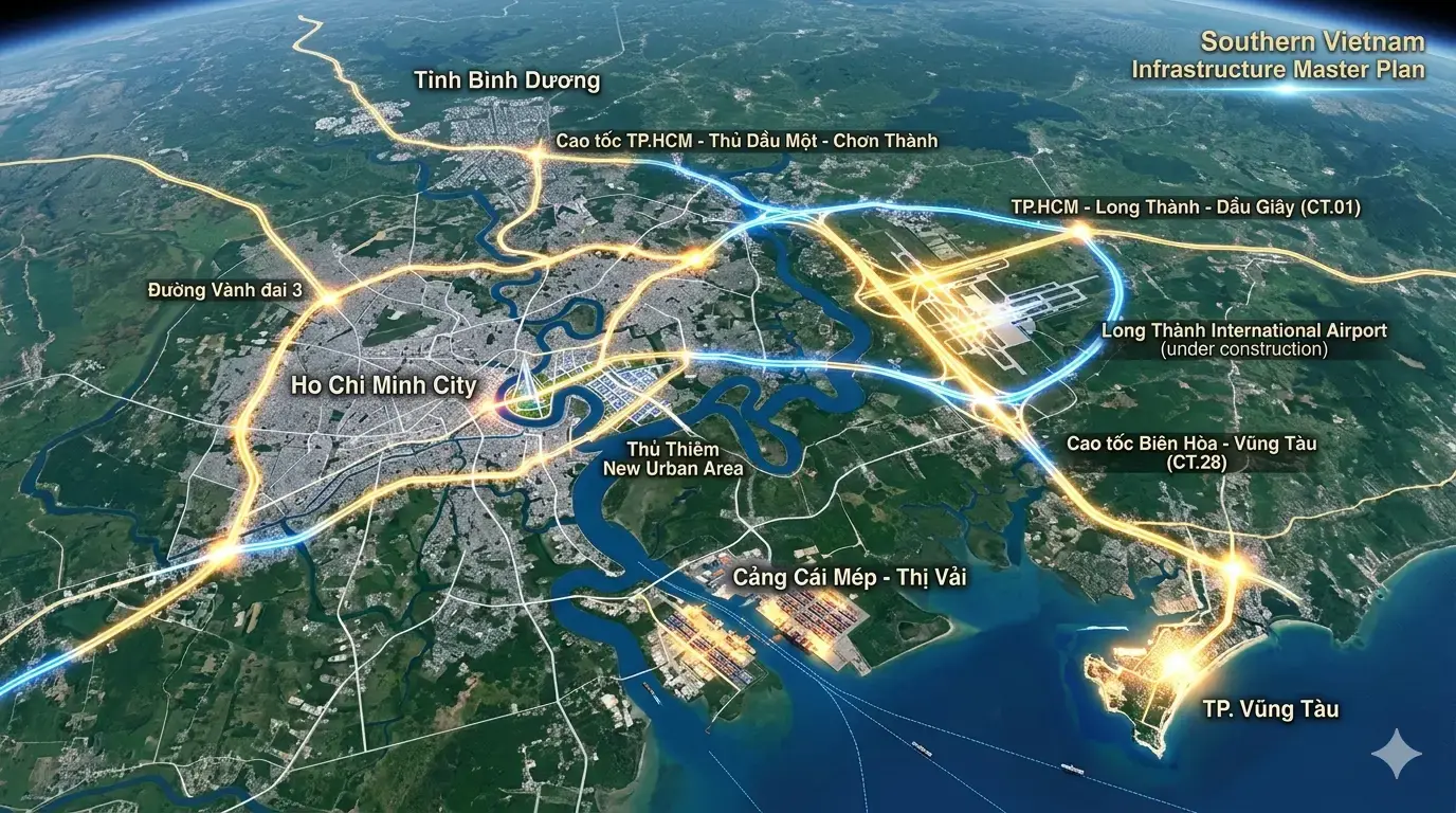 Tam Giác Chiến Lược hạ tầng miền Nam kết nối bất động sản hạng sang 2026.
